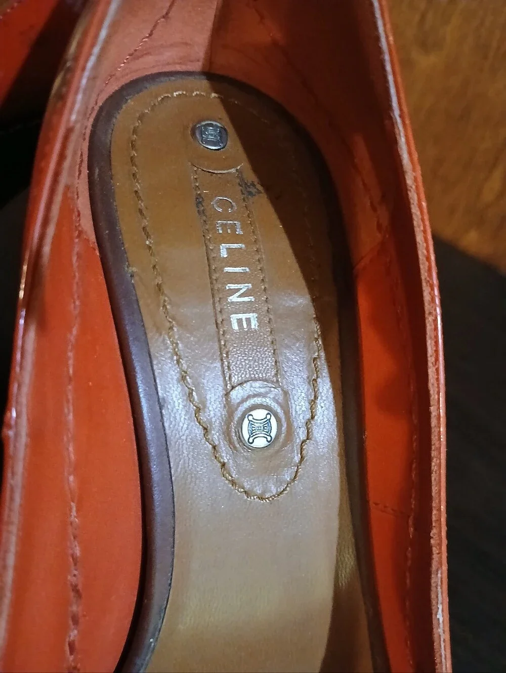 vintage CELINE red & brown patent leather wood heels